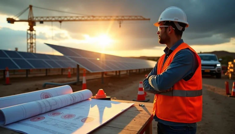 Contractors reviewing prevailing wage compliance documents at a renewable energy construction site.