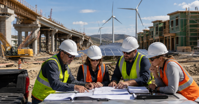 Construction leaders reviewing plans across infrastructure, renewable energy, and housing compliance projects.