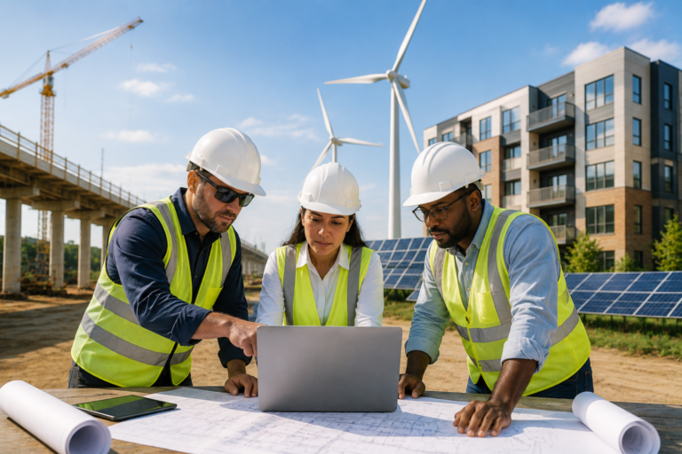 Project leaders reviewing labor compliance costs across infrastructure, renewable energy, and affordable housing jobs