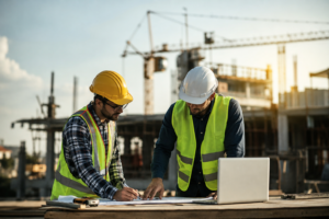 Construction workers and project managers reviewing plans on a public project illustrating what is prevailing wage compliance.