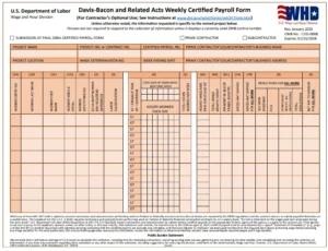 Construction payroll manager completing WH-347 certified payroll form for a federally funded public construction project.