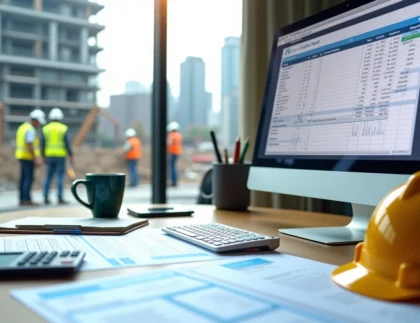 Contractor reviewing prevailing wage certified payroll documents and Davis-Bacon compliance reports on a federally funded construction project.