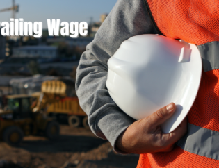 Construction workers on a job site with overlay text explaining prevailing wage in construction and compliance requirements.
