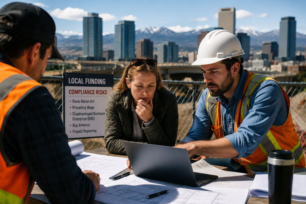 Contractor reviewing Colorado infrastructure compliance and prevailing wage documents on a public works project.
