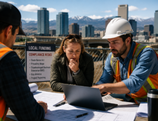 Contractor reviewing Colorado infrastructure compliance and prevailing wage documents on a public works project.