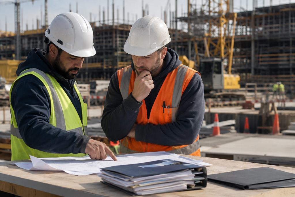 Construction managers reviewing payroll documents and project plans before a Denver infrastructure compliance audit