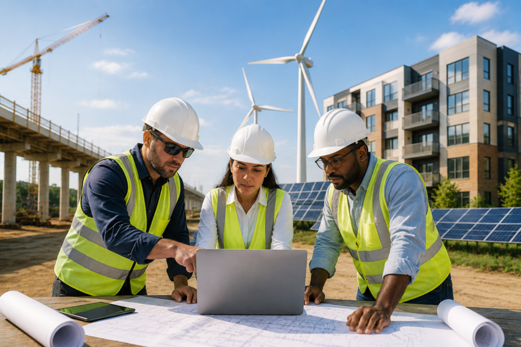 Project leaders reviewing labor compliance costs across infrastructure, renewable energy, and affordable housing jobs