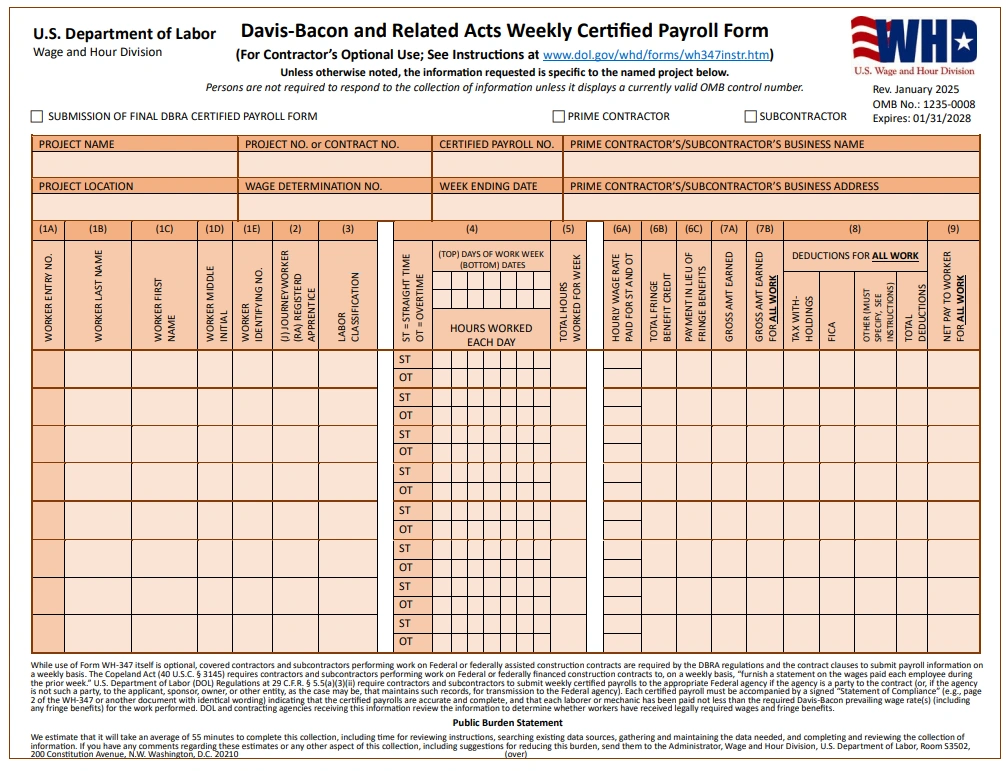 Construction payroll manager completing WH-347 certified payroll form for a federally funded public construction project.