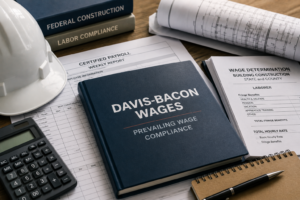 Construction manager reviewing certified payroll and Davis-Bacon wages for workers on a federally funded project.
