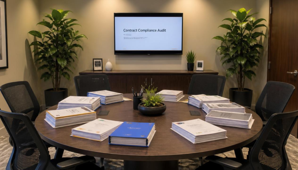 Contract compliance audit documents, certified payroll, construction plans, calculator, and hard hat prepared for project review.