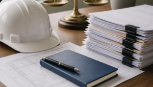 Contractor reviewing certified payroll and wage requirements for Federal Prevailing Wage compliance on a public construction project.