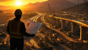 Colorado infrastructure plans with wage determination documents, certified payroll records, calculator, hard hat, and project schedule.