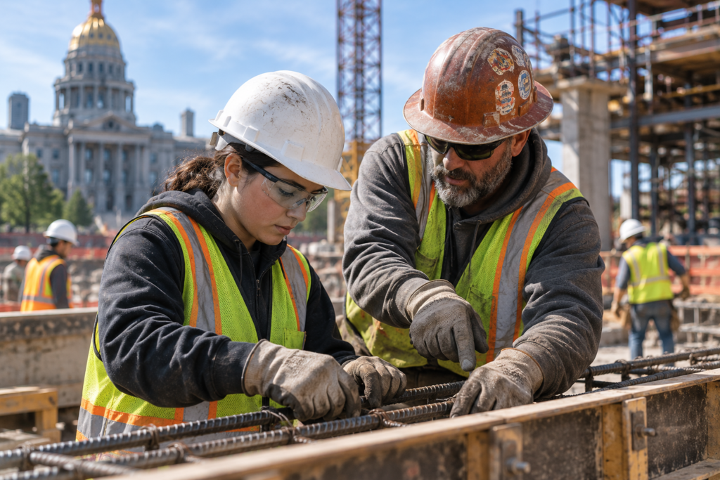 Apprentice and journeyworker reviewing plans on a jobsite covered by apprentice requirements for public works projects