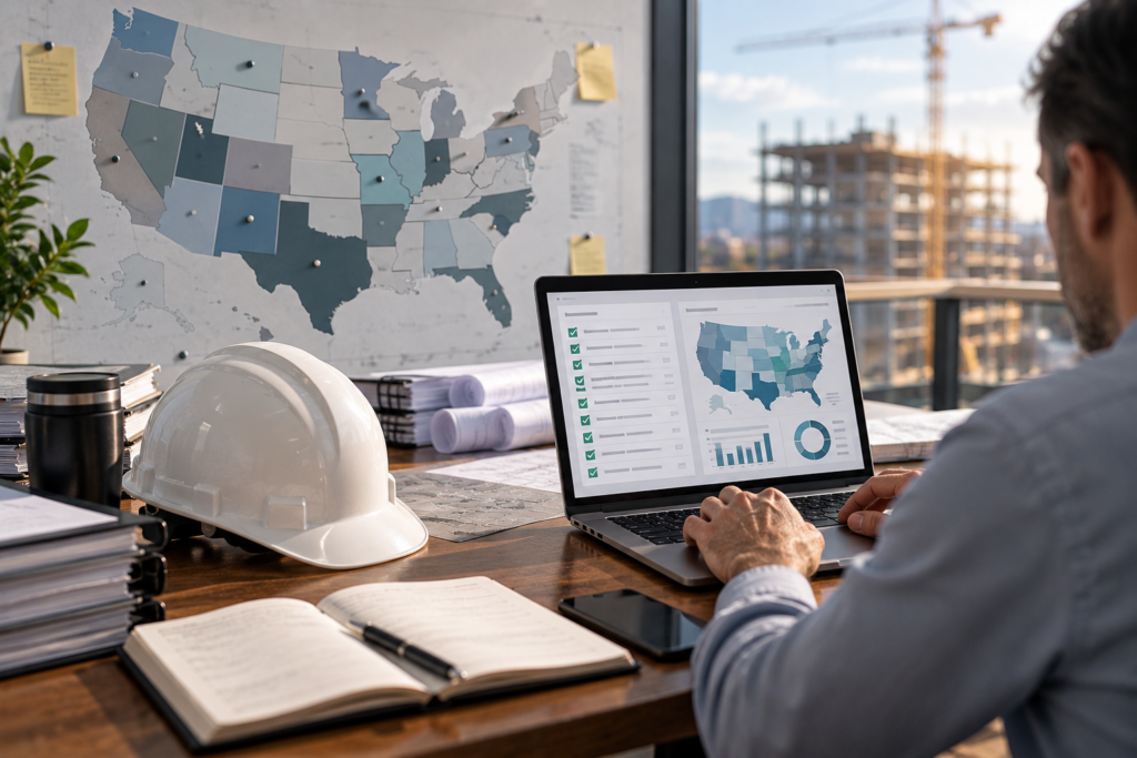 Multi-state compliance management workflow for contractors managing prevailing wage requirements across multiple states