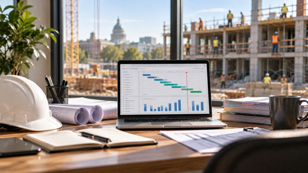Construction manager reviewing Section 3 labor hours tracking chart for HUD-funded project.